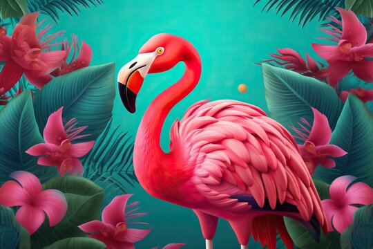 Flamingo-themed Tropical Flower Wall Mural