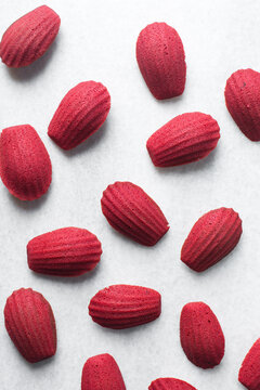 Red velvet madeleines on a marble tray, red madeleines cake or cookies for valentines
