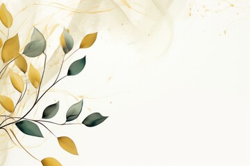 Abstract botanical background with tree branches and leaves in line art. Indigo and golden leaf, brush, line, splash of paint