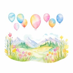 Obraz na płótnie Canvas Aquarell einer Frühlingslandschaft mit Luftballons Illustration