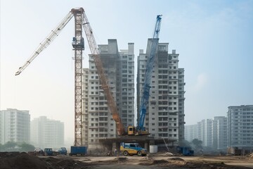 Construction crane in action at construction site near an unfinished tall building