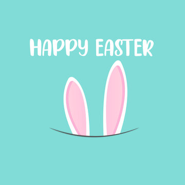 Happy Easter 2024 illustration on a blue background and rabbit ears peeking out of a hole