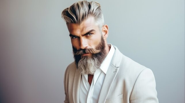 Close up portrait of well groomed man over 55 year old with stylish beard and haircut. Old age model with grey hair. Beard style. Elderly men model.  Barber shop