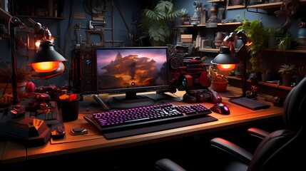 A top view of a gaming setup featuring a mechanical keyboard, gaming mouse, and a large mousepad, surrounded by gaming accessories and a console controller