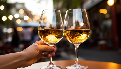 Romantic couple enjoys wine at elegant outdoor celebration, generated by AI