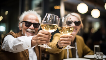 Two adults enjoying a cheerful celebration with wine, generated by AI