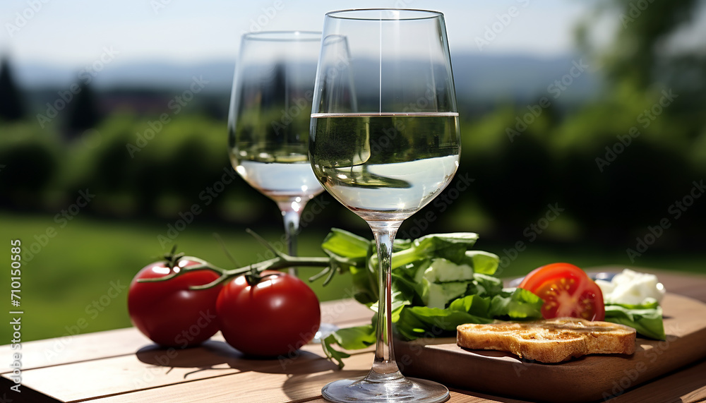 Wall mural fresh tomato on table, wineglass, nature's drink, generated by ai