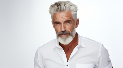 Close up portrait of well groomed man over 55 year old with stylish beard and haircut. Old age model with grey hair. Beard style. Elderly men model.  Barber shop