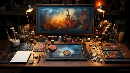 A top view of a graphics tablet with a stylus, placed on an artist's desk, surrounded by brushes, paints, and sketchbooks