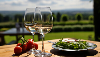 Wineglass on wooden table, enjoying nature's freshness, generated by AI