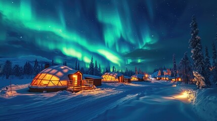 Northern Lights Display, Igloo Village Under a Vibrant Aurora Borealis, Panoramic Shot, Night Sky Alive with Colors, Highlighting the Contrast Between the Serene Igloos and the Dynamic Sky.