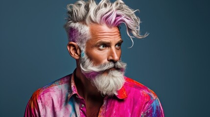 Portrait of bearded middle age model man with colorful stylish hair. Hair color for men. Hair style for men. Man with stylish beard