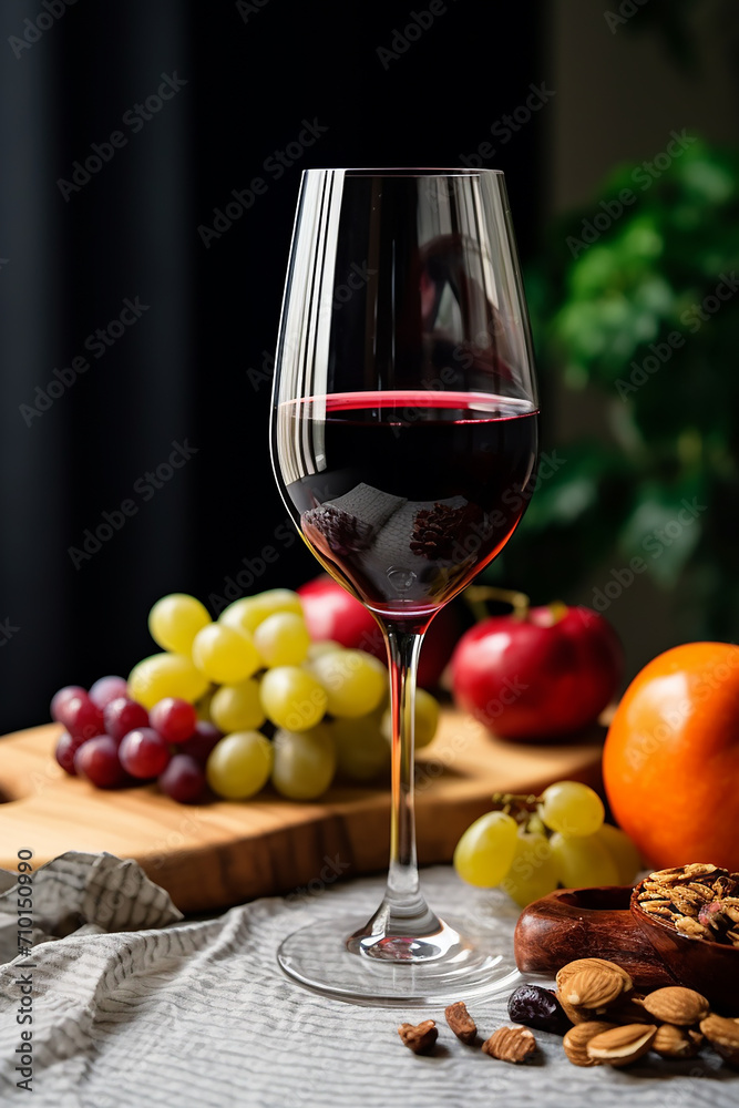 Wall mural Fresh grape on table, wineglass, wood , generated by AI