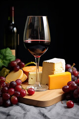 Freshness and gourmet on table, wine, cheese, bread, generated by AI