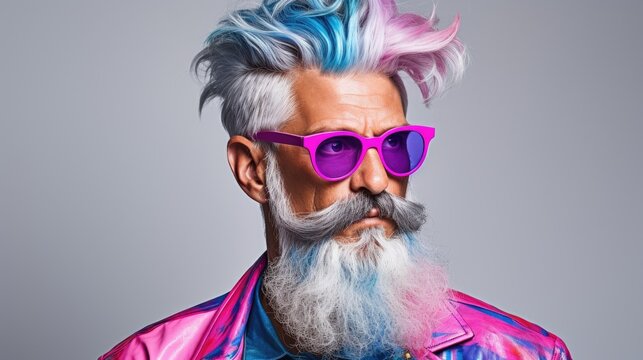 Portrait of bearded age model man with stylish colored hair and beard in fashionable bright glasses. Dyed hair senior men. Hair and beard trendy style for old men. Merman trend, rainbow colored hair
