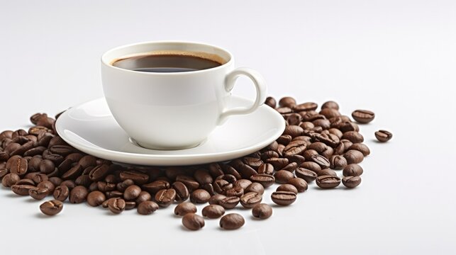 Hot coffee cup and beans roasted on a white background. AI generated image