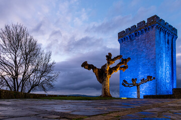 Tower of Homage at night. Monumental Complex of San Vicente del Pino. Monforte de Lemos, Lugo, Galicia, Spain.