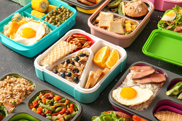 Many lunchboxes with different delicious food on grunge black background