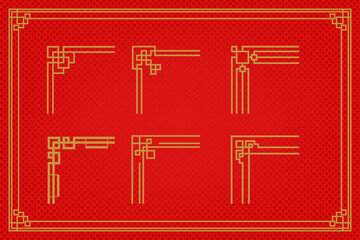 Chinese frame or border set on red background. traditional asian ornaments, golden oriental