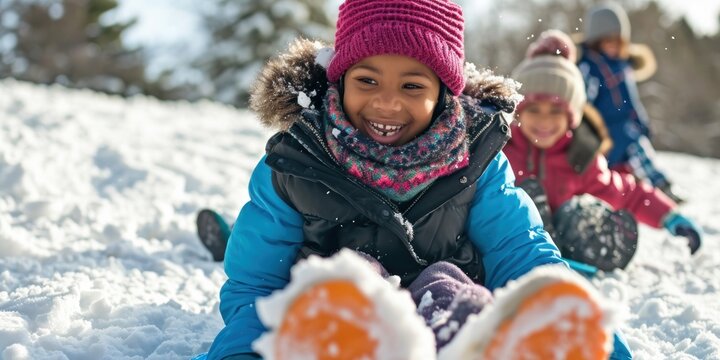 Happy Kids Of Different Races, Bundled Up In Winter Gear, Sledding Down A Snowy Hill