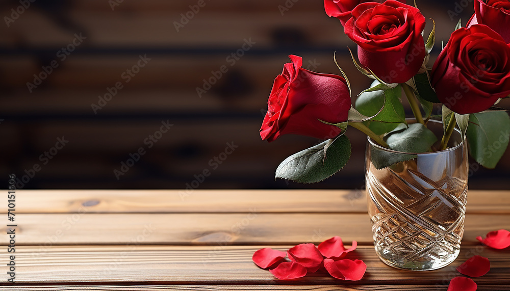 Sticker romantic love blossoms on wooden table with flowers, generated by ai