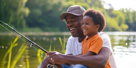 African American Father and son bonding while fishing by the lake - obrazy, fototapety, plakaty
