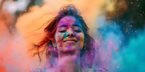 Young Woman Celebrating Holi, enjoying the colorful clouds of holi powder, hindu festive in India 