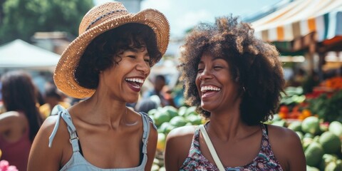 frican American mother and daughter sharing a laugh while shopping at a vibrant farmers' market - Powered by Adobe