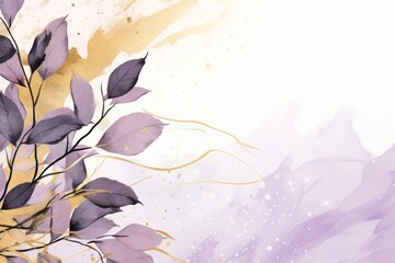 Abstract botanical background with tree branches and leaves in line art. Lilac and golden leaf, brush, line, splash of paint 