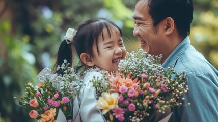 Asian dad gives his little daughter a cute bouquet of flowers. Parents' Day and Daughter's Day