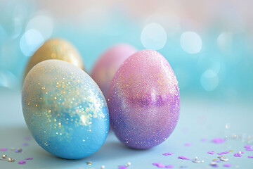 Fototapeta na wymiar Pastel Paradise with Glitter-Coated Easter Eggs in Hues of Blue and Pink, Softly Lit for a Magical Spring Atmosphere