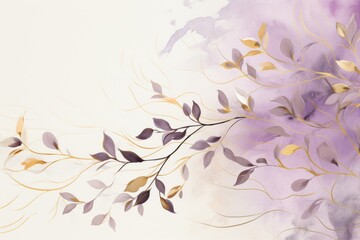 Fototapeta na wymiar Abstract botanical background with tree branches and leaves in line art. Lilac and golden leaf, brush, line, splash of paint 