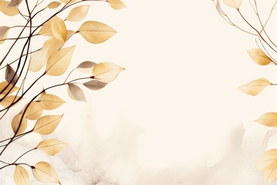 Abstract botanical background with tree branches and leaves in line art. Sepia and golden leaf, brush, line, splash of paint 
