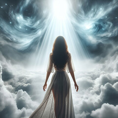 Back View of a Sexy Etheric Goddess Woman Model in a Dress Evening Gown Praying in the Heaven Sky Clouds with a Beam of Light & Love Overhead. Walk Towards Forward in Spiritual Soul Journey Ascension