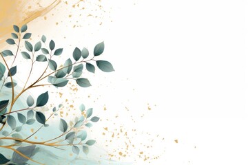 Abstract botanical background with tree branches and leaves in line art. Mint and golden leaf, brush, line, splash of paint 