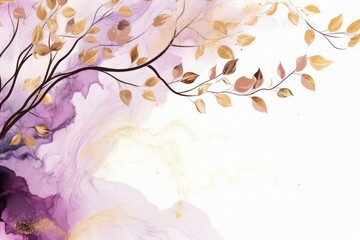 Abstract botanical background with tree branches and leaves in line art. Lilac and golden leaf, brush, line, splash of paint 