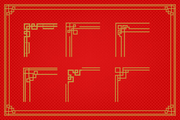 Chinese frame or border set on red background. traditional asian ornaments, golden oriental