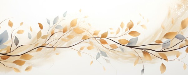 Abstract botanical background with tree branches and leaves in line art. Lime and golden leaf, brush, line, splash of paint 