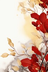 Abstract botanical background with tree branches and leaves in line art. Vermilion and golden leaf, brush, line, splash of paint