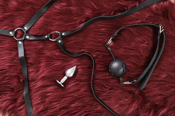 Accessories from sex shop on red fur blanket, top view