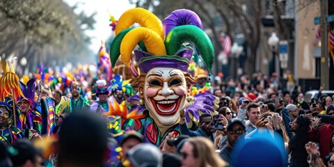 Mardi Gras parade with colorful floats and masks - obrazy, fototapety, plakaty