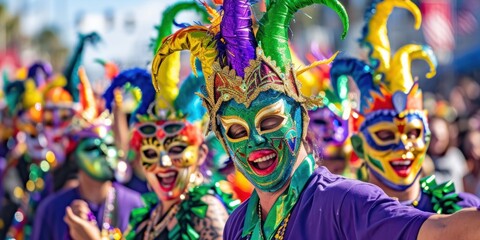 Mardi Gras parade with colorful floats and masks