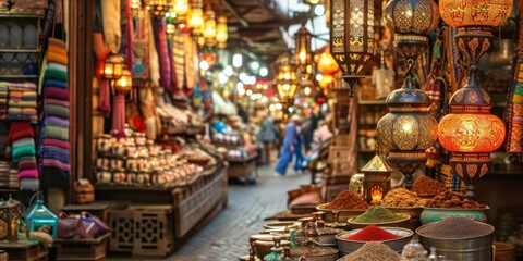Moroccan bazaar with spices, textiles, and lanterns - obrazy, fototapety, plakaty