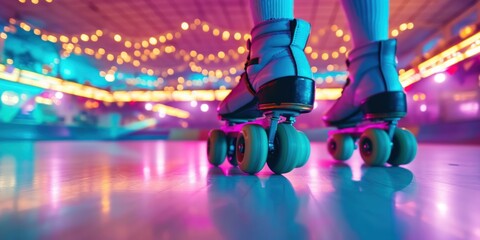 retro roller skating rink with colorful lights and disco music - obrazy, fototapety, plakaty