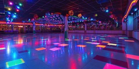 retro roller skating rink with colorful lights and disco music - obrazy, fototapety, plakaty