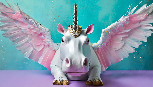 Nilpferd, einhorn, fl&uuml;gel, pink, t&uuml;rkis, karte, hintergrund, konzept, Geburtstag, karneval, copy space, Einladung, kindergeburtstag