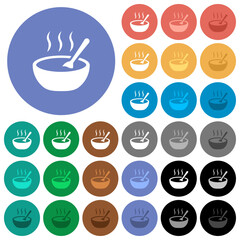 Steaming bowl of soup with spoon round flat multi colored icons