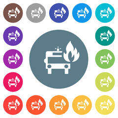 Fire engine with flame flat white icons on round color backgrounds