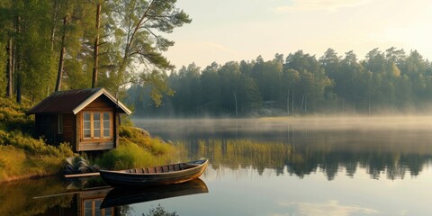 serene lakeside cabin with a rowboat on a calm morning