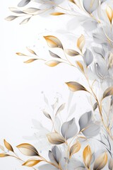 Abstract botanical background with tree branches and leaves in line art. Silver and golden leaf, brush, line, splash of paint 